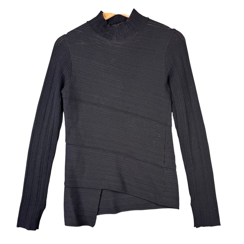 Proenza Schouler Black Asymmetric Mock Neck Ribbed Merino Wool Knit Top XS